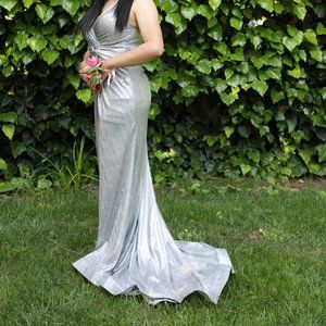 Silver Twist Metallic Glitter Prom Dress Evening Formal Gown by Dave & Johnny
